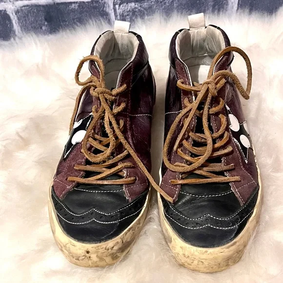 Auth. EUC Golden Goose, super rare, Mid/Star Bordeau trainers in Ametista Lame’